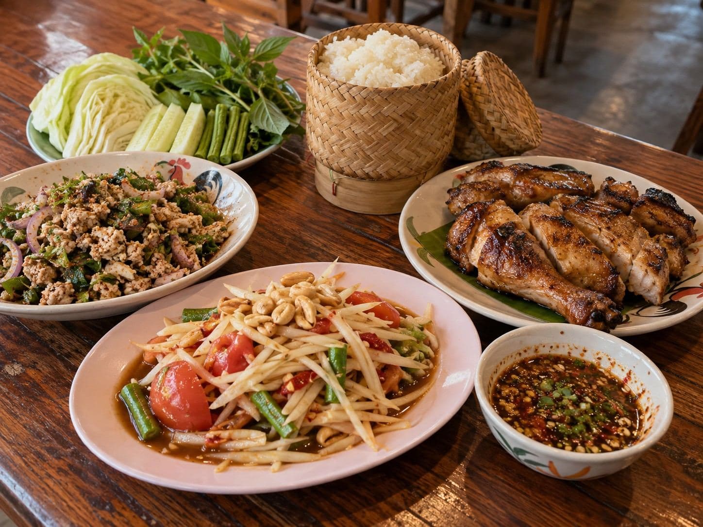 Vibrant regional Thai food spread with grilled specialties and salads