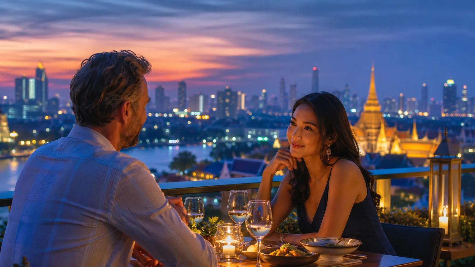 Western man and Thai woman talking over dinner in Bangkok at dusk