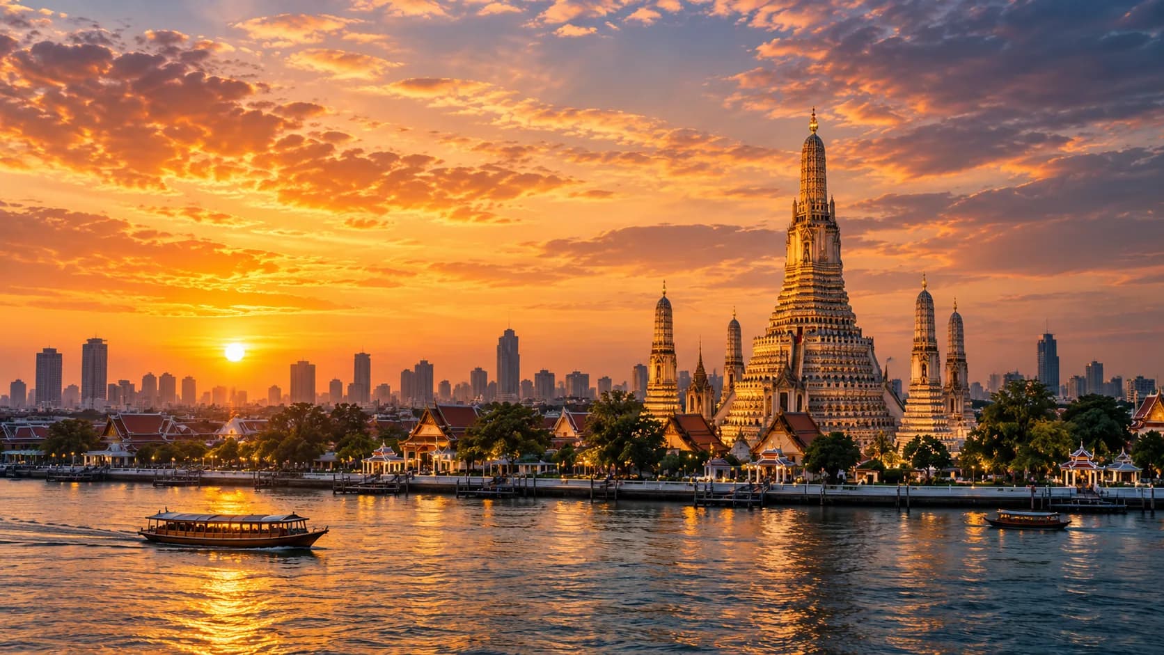 Wat Arun illuminated along the Chao Phraya river at golden sunset in Bangkok