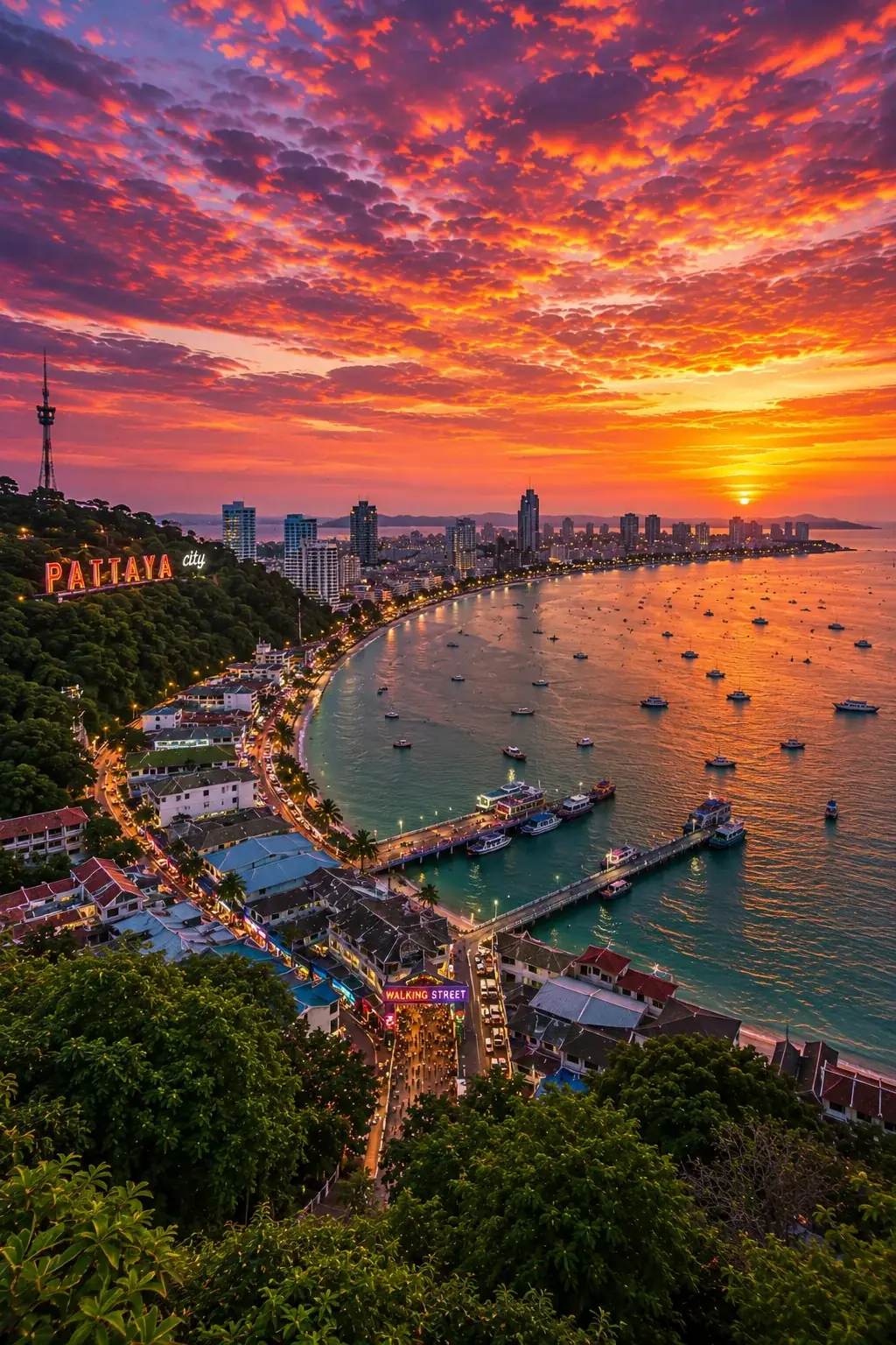 Pattaya Bay and city nightlife district