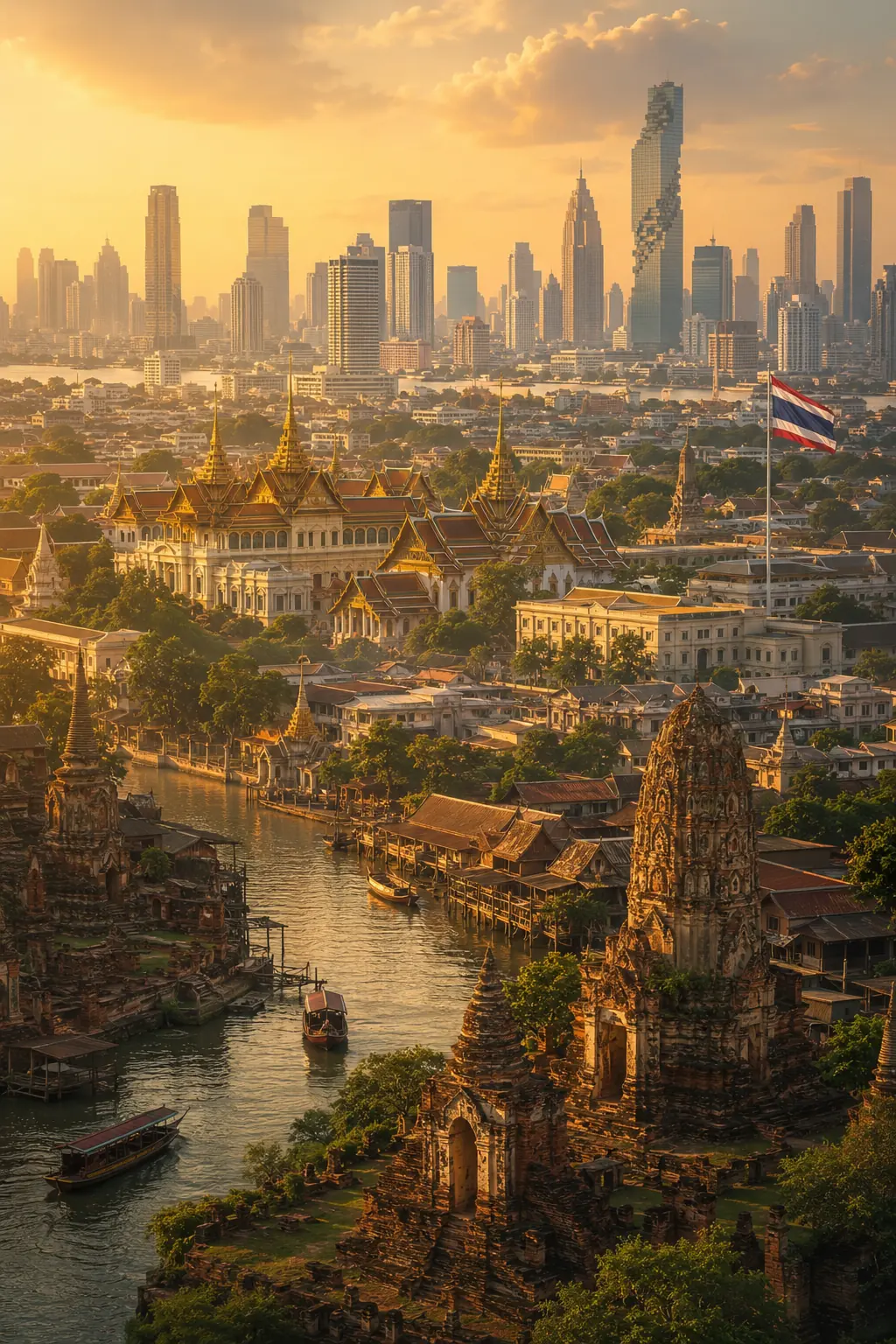 Historic Thai temple ruins transitioning toward modern Bangkok