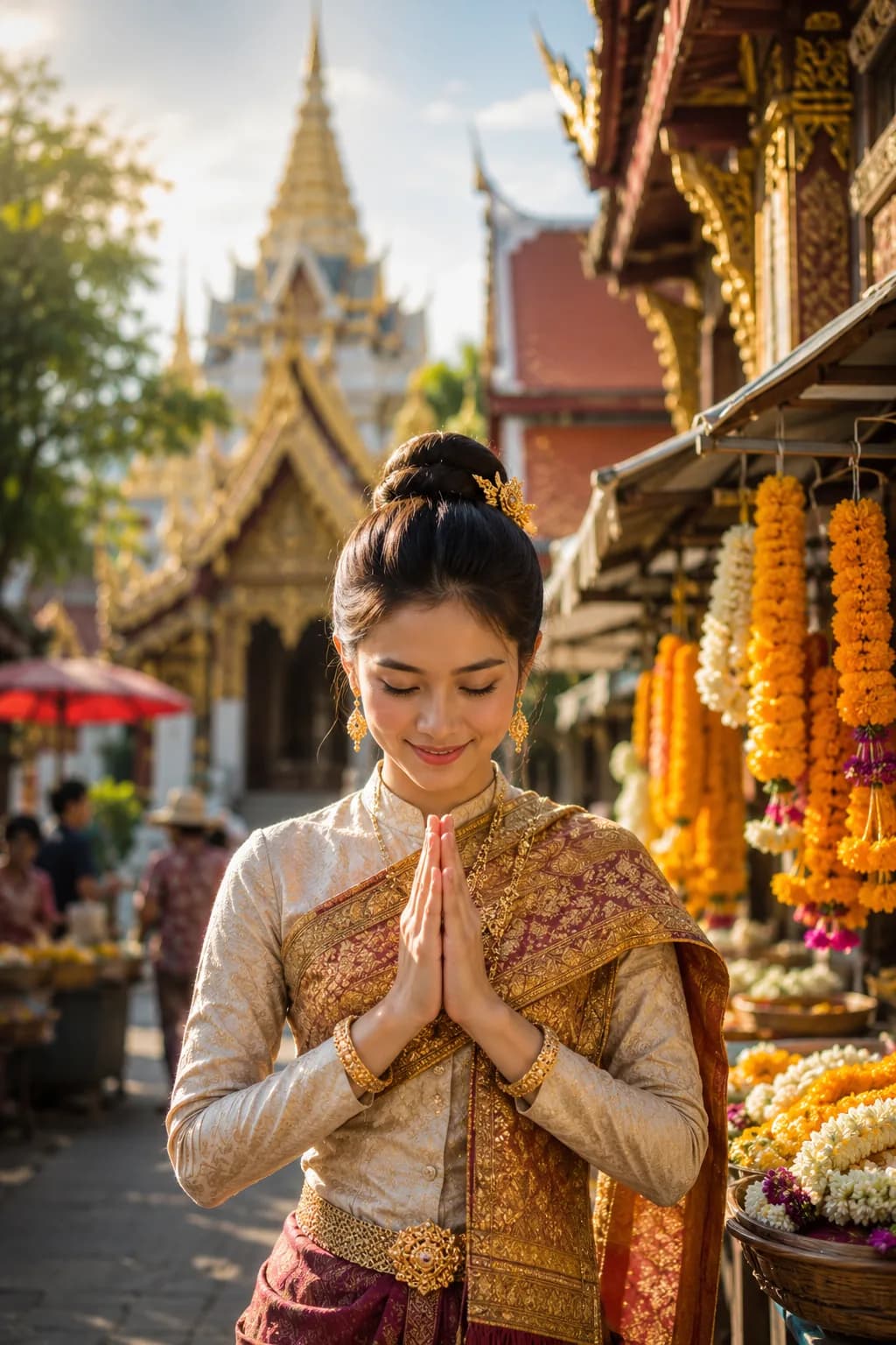 Thai woman performing a wai at a temple in Thailand