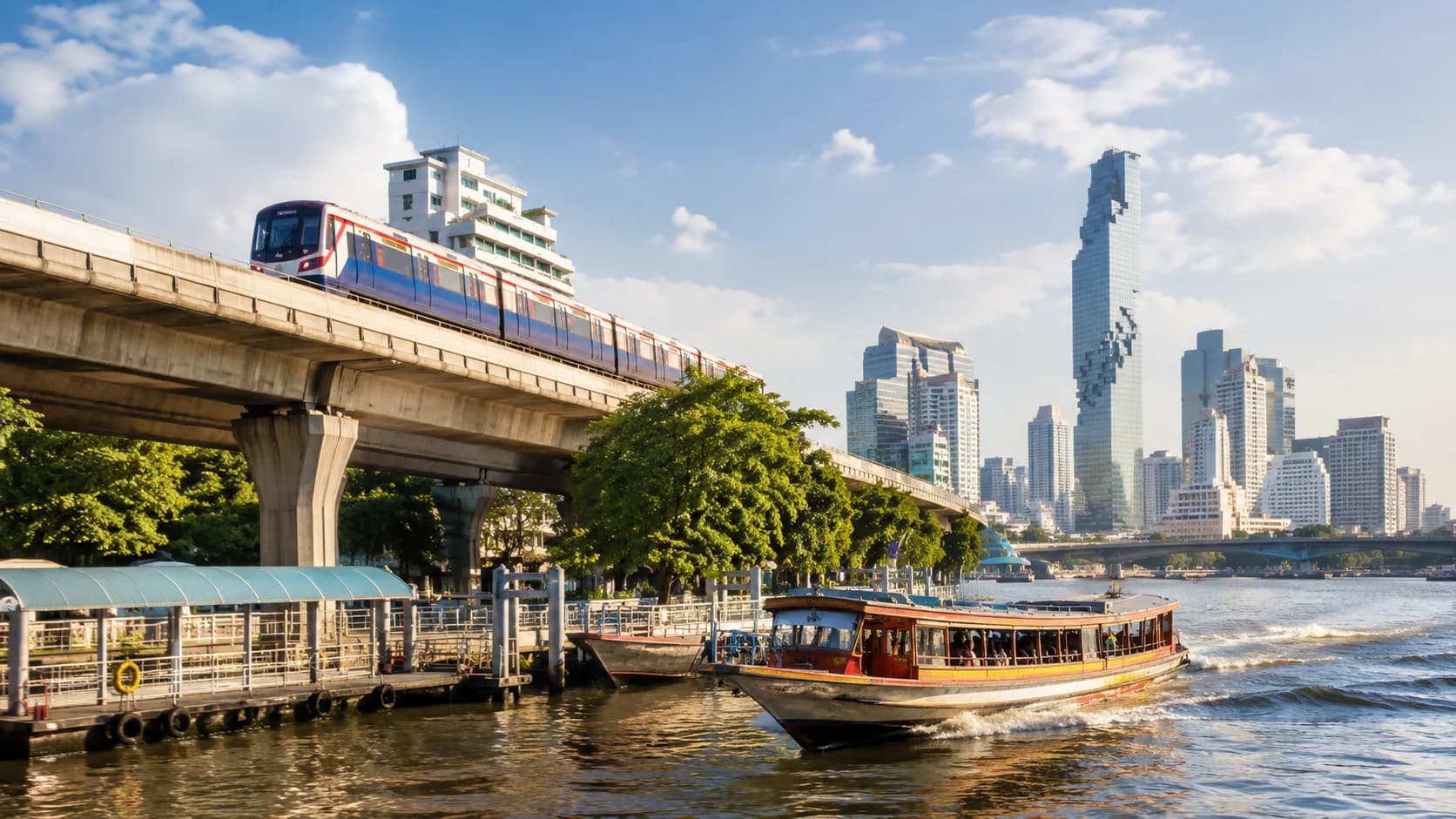 Bangkok modern mass transit rail and Chao Phraya river transport