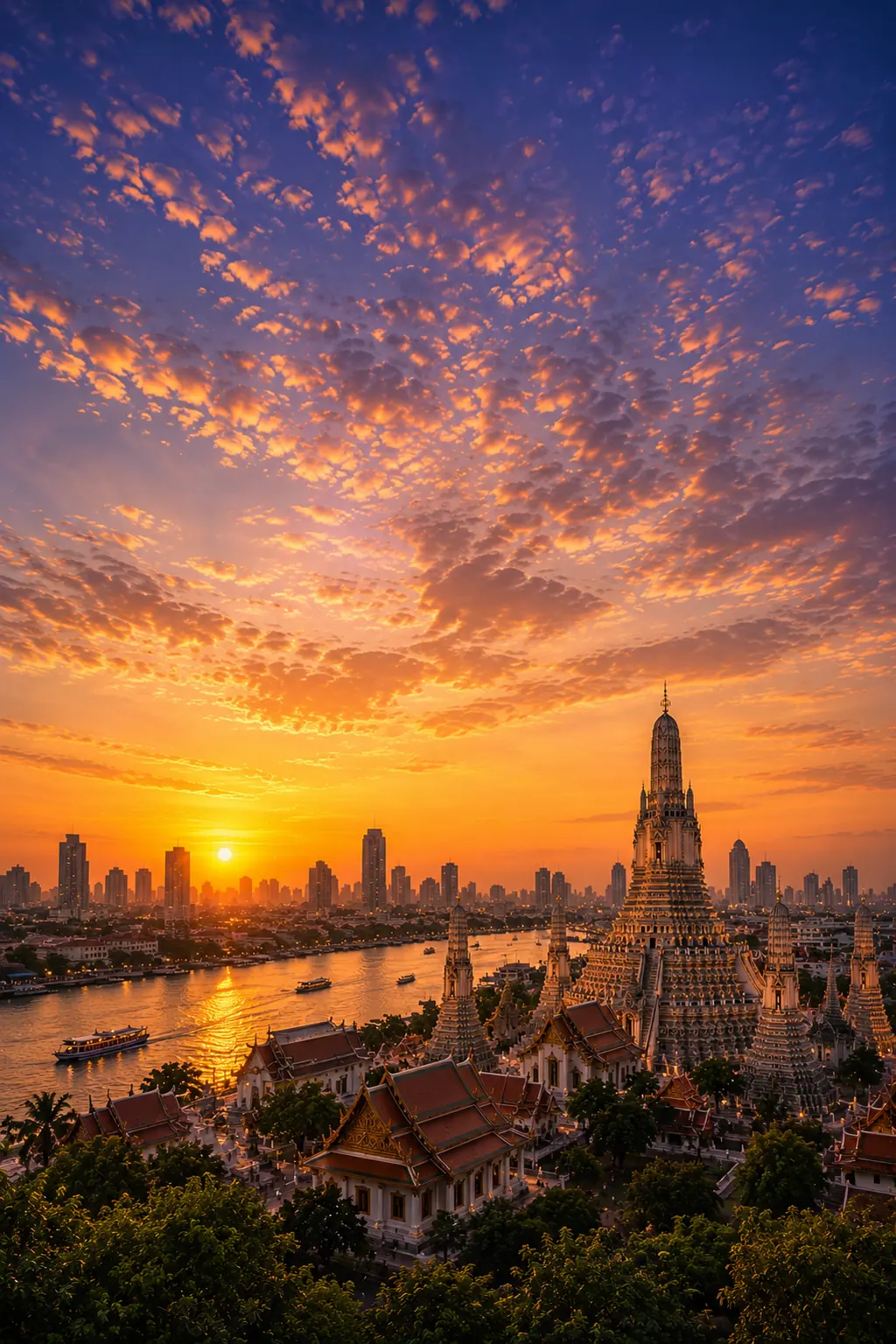 Bangkok skyline and Wat Arun by the Chao Phraya River