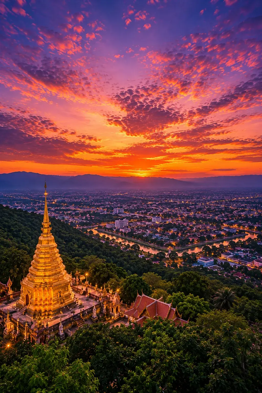 Chiang Mai temple and northern Thailand cityscape