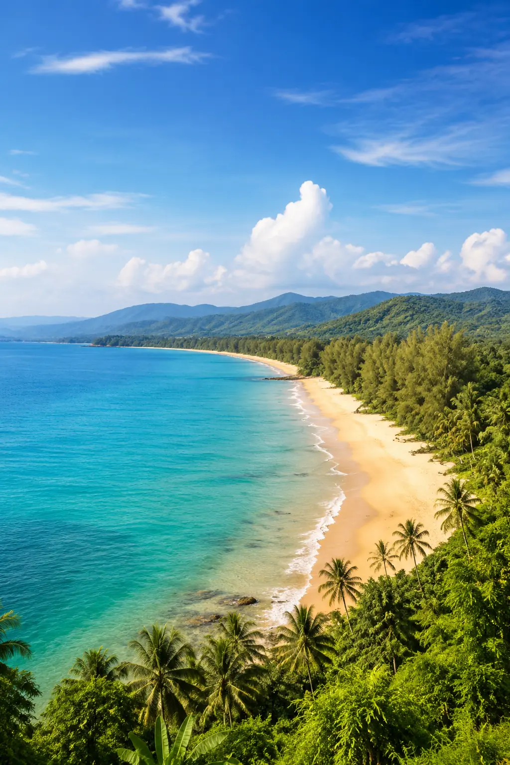 Serene golden beach and tropical palm trees in Khao Lak